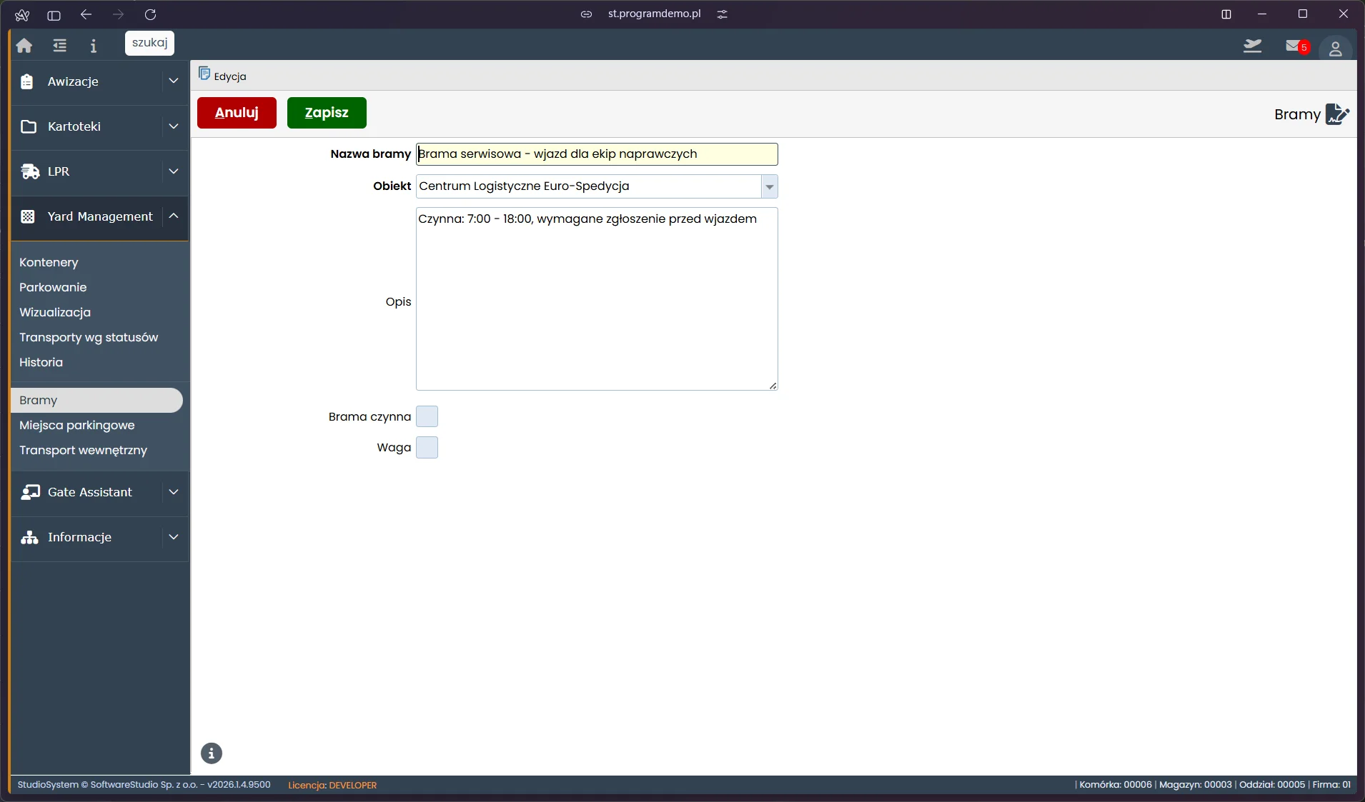 Studio VSS.net – Yard Management – formularz edycji bramy wjazdowej
