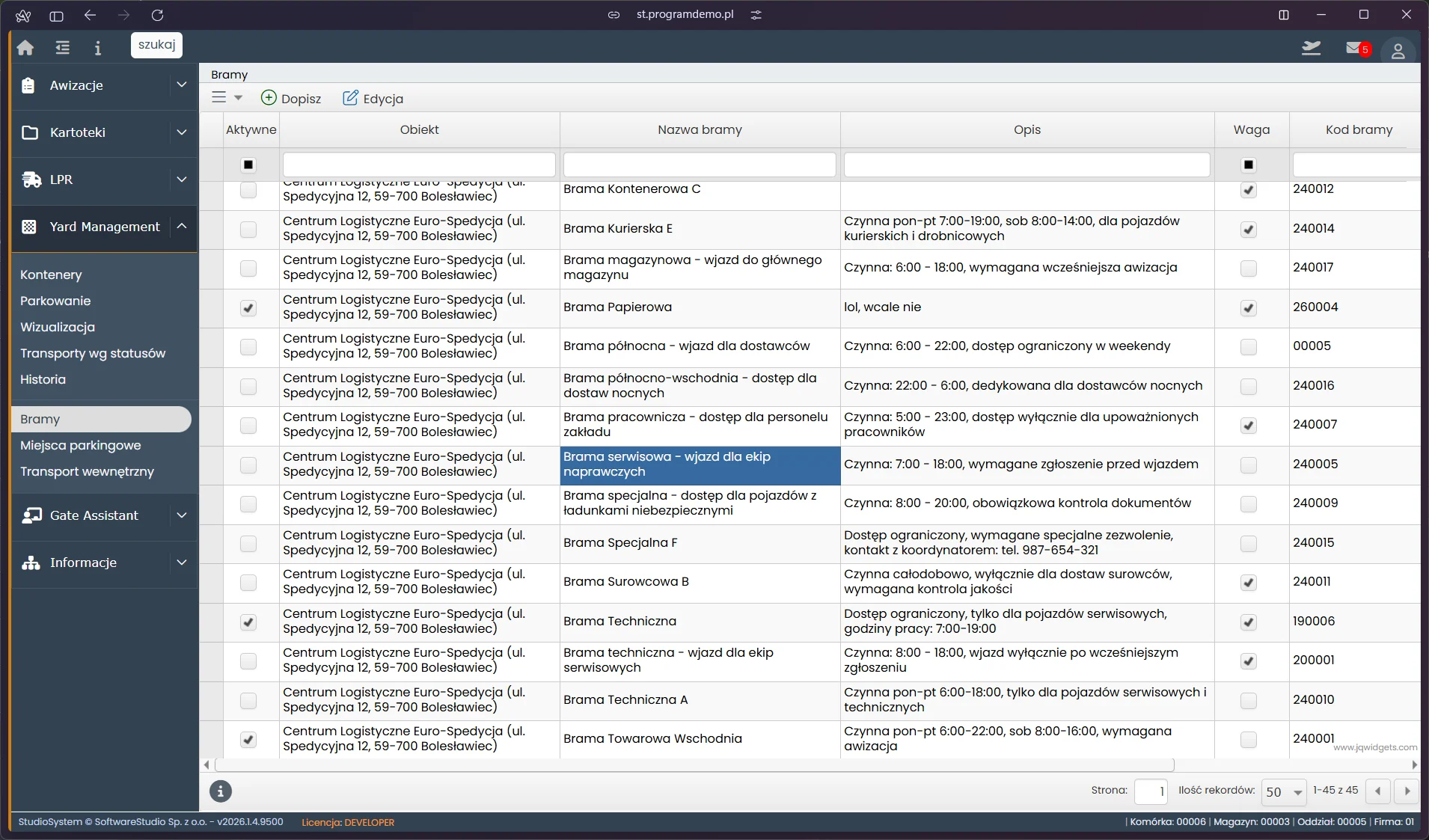 Studio VSS.net – Yard Management – lista bram wjazdowych i wyjazdowych obiektu