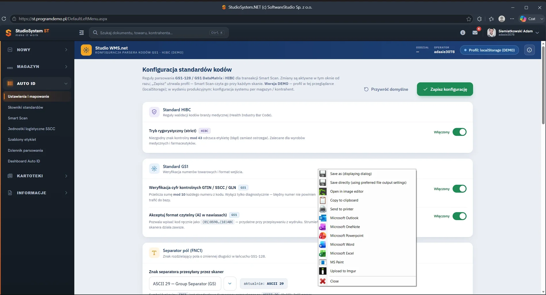 Studio WMS.net moduł AUTO ID - konfiguracja standardów kodów GS1 i HIBC z trybem rygorystycznym i separatorem FNC1