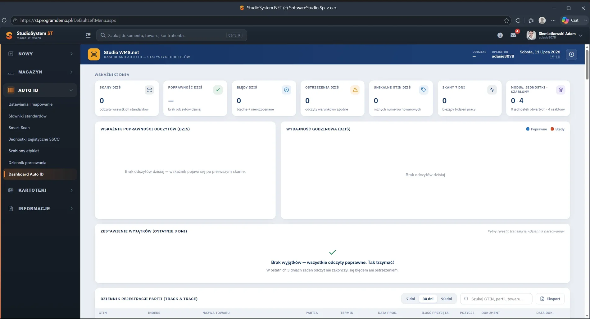 Studio WMS.net dashboard Auto ID - wskaźniki dnia, wykresy poprawności odczytów oraz rejestr partii Track and Trace