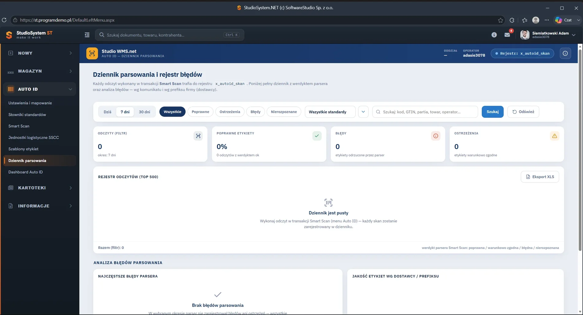 Studio WMS.net dziennik parsowania Auto ID - filtry okresu i werdyktu oraz kafelki statystyczne odczytów poprawnych i błędnych
