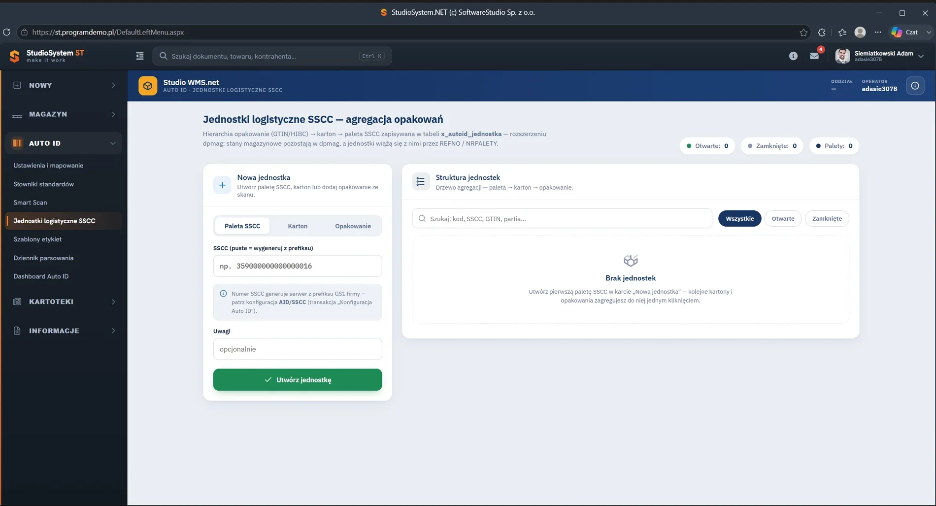 Studio WMS.net jednostki logistyczne SSCC - panel tworzenia nowej palety z automatycznym numerem SSCC i drzewem struktury opakowań