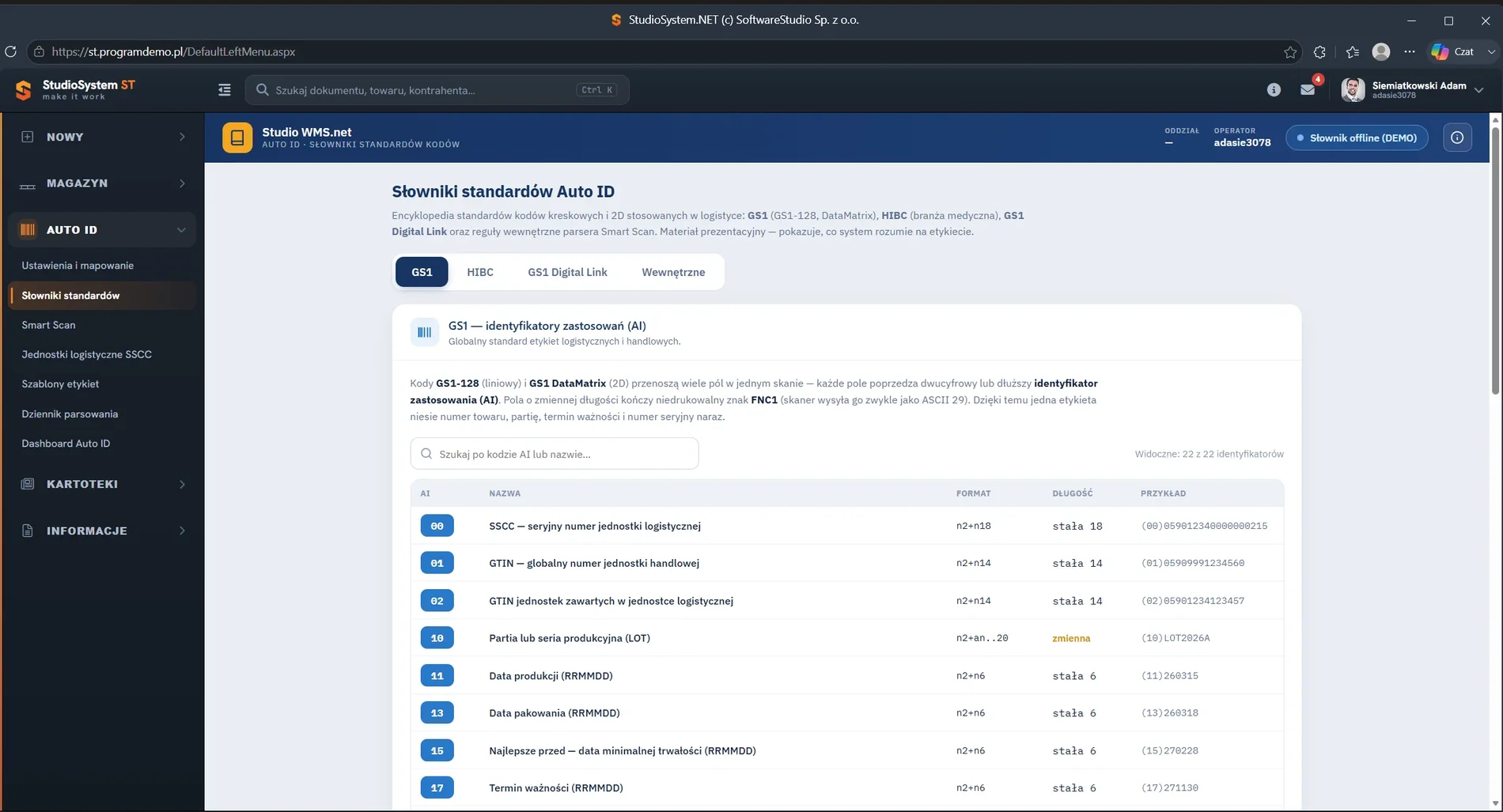 Studio WMS.net słowniki standardów Auto ID - tabela identyfikatorów GS1 z formatem, długością i przykładem kodu