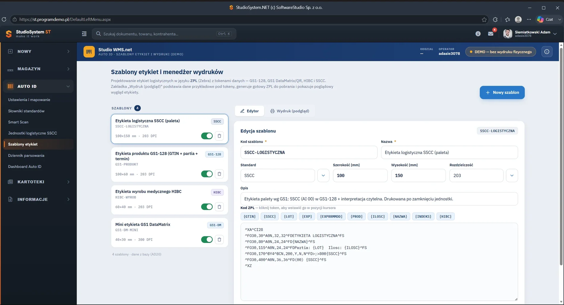 Studio WMS.net szablony etykiet ZPL - lista czterech szablonów oraz edytor kodu ZPL z tokenami danych GTIN, SSCC i LOT