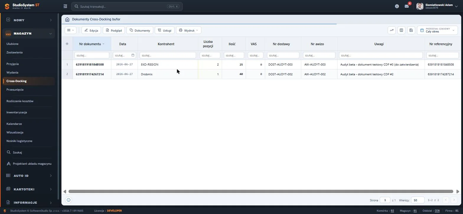 Studio WMS.net - rejestr Dokumenty Cross-Docking bufor z kolumnami numeru dokumentu, daty, kontrahenta, liczby pozycji, ilości, numeru dostawy i awizo