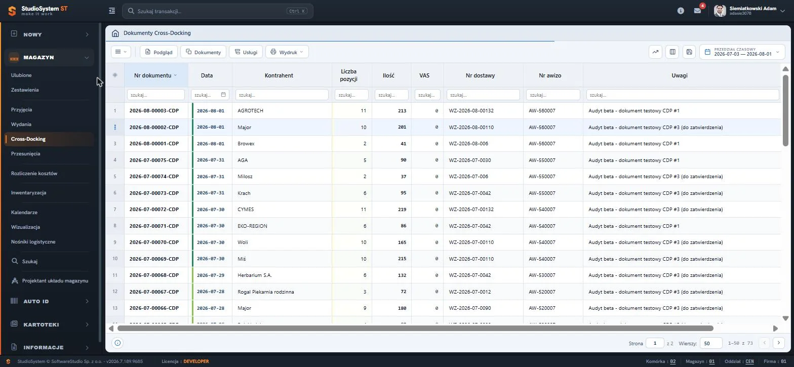 Studio WMS.net - rejestr Dokumenty Cross-Docking z kolumnami numeru dokumentu CDP, daty, kontrahenta, liczby pozycji, ilości, numeru dostawy i awizo