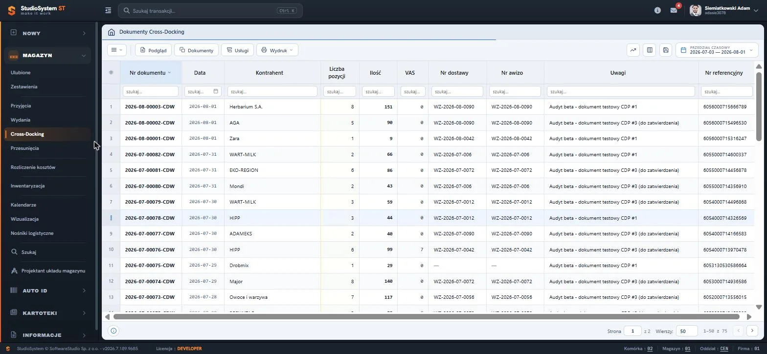 Studio WMS.net - rejestr Dokumenty Cross-Docking z numerami CDW, datą, kontrahentem, liczbą pozycji, ilością, numerem dostawy i awizo