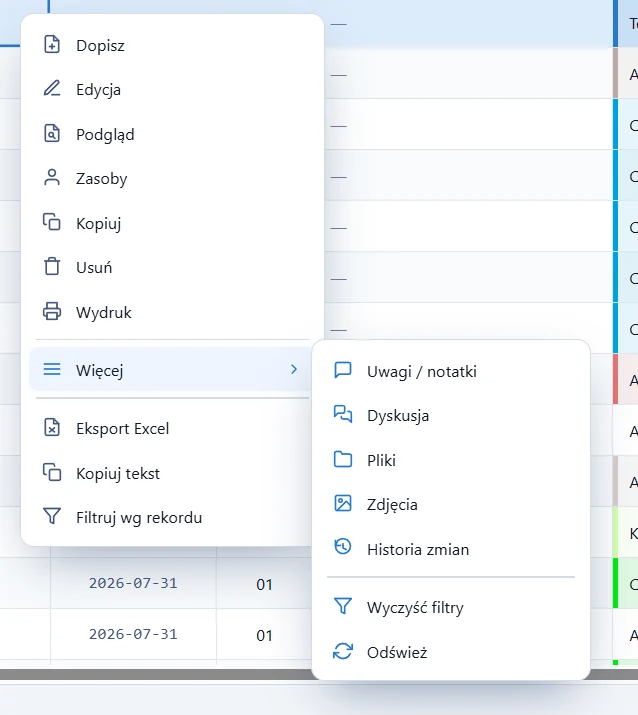 Studio WMS.net - menu kontekstowe tabeli otwarte prawym przyciskiem myszy z rozwiniętym podmenu Więcej: uwagi, dyskusja, pliki, zdjęcia i historia zmian