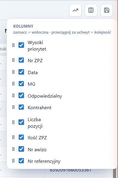Studio WMS.net - panel KOLUMNY z listą pól rejestru, przełącznikami widoczności i uchwytami do zmiany kolejności