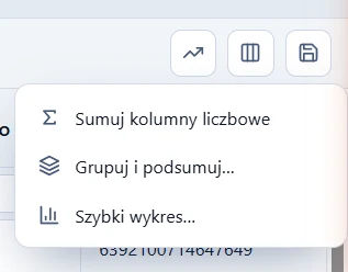 Studio WMS.net - menu narzędzi analitycznych tabeli z poleceniami Sumuj kolumny liczbowe, Grupuj i podsumuj oraz Szybki wykres