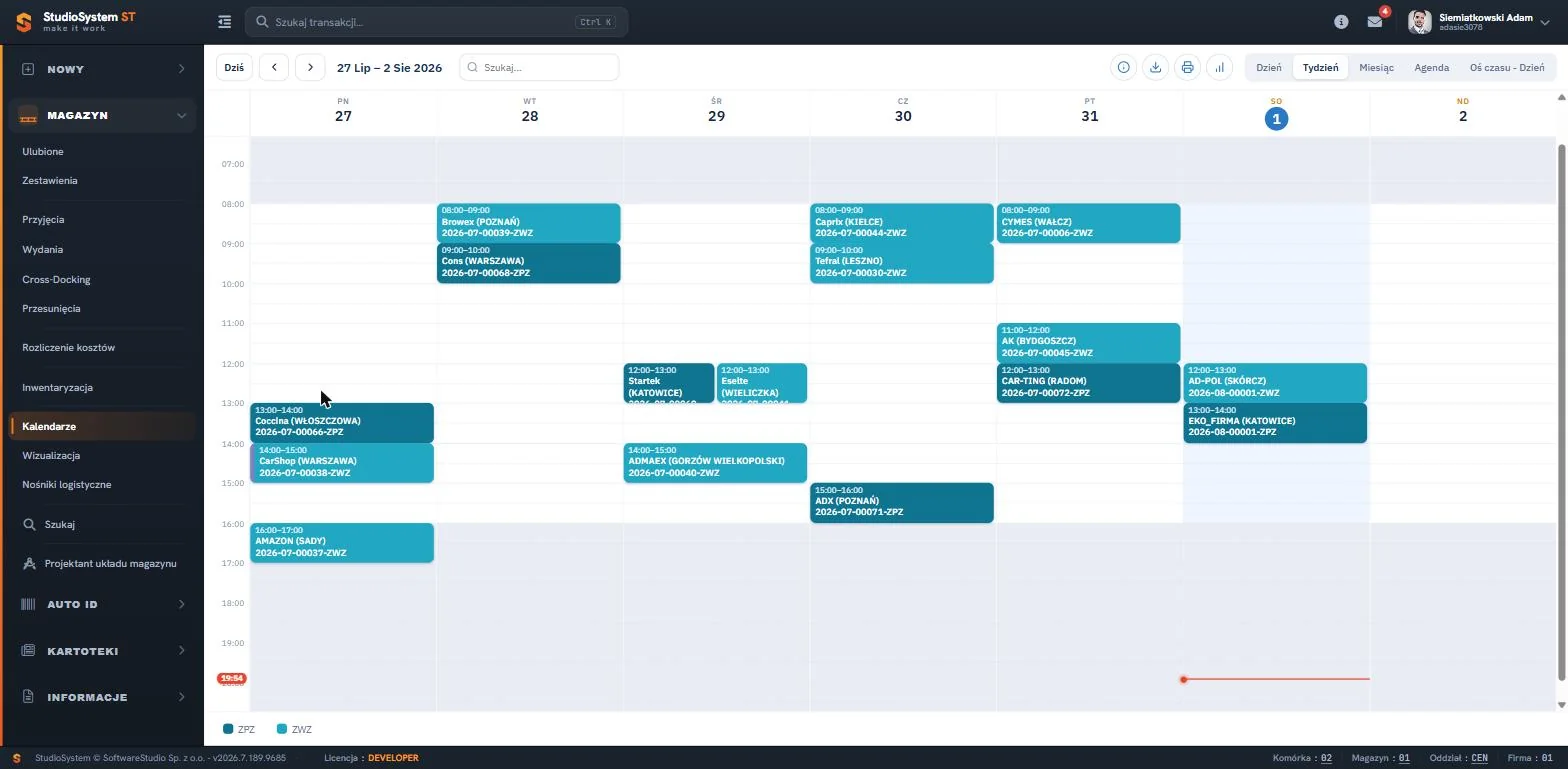 Studio WMS.net - Kalendarz awizacji z tygodniowym rozkładem awizacji ZPZ i ZWZ oraz przełącznikiem trybów Dzień, Tydzień, Miesiąc, Agenda i Oś czasu