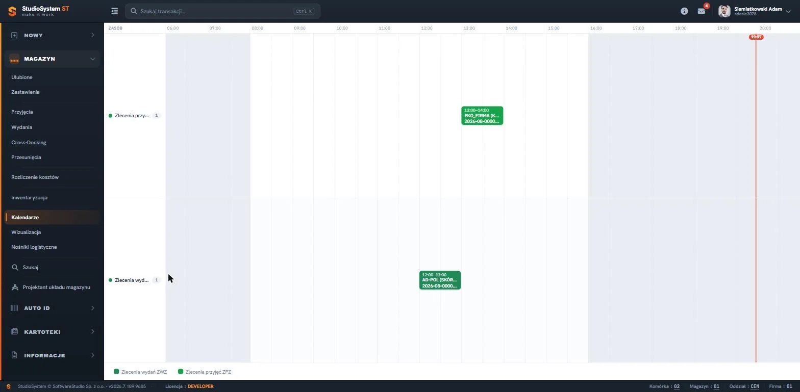 Studio WMS.net - kalendarz Plan dnia na osi czasu z zasobami w wierszach, poziomą skalą godzinową i blokami zadań rozmieszczonymi na osi