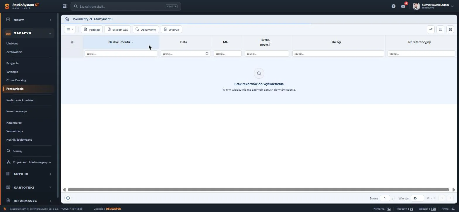 Studio WMS.net - rejestr Dokumenty ZL Asortymentu z komunikatem o braku danych do wyświetlenia w tym widoku