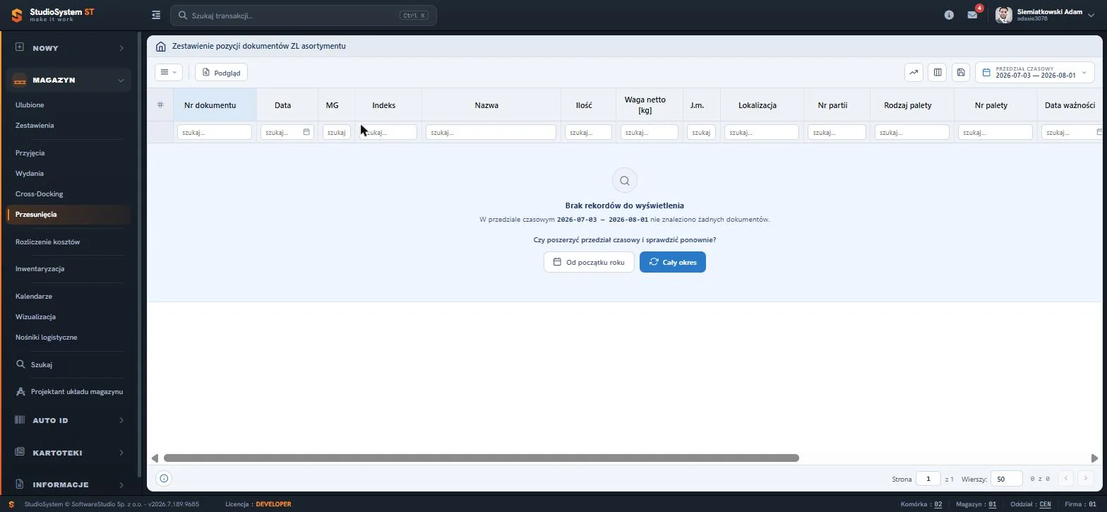 Studio WMS.net - zestawienie pozycji dokumentów ZL asortymentu z panelem informującym o braku rekordów w wybranym przedziale czasowym