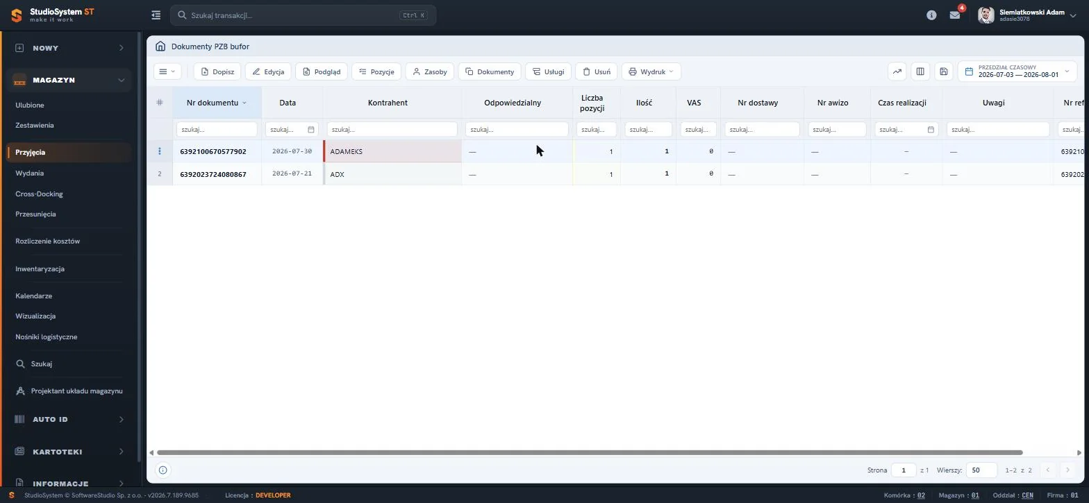 Studio WMS.net - rejestr Dokumenty PZB bufor z kolumnami numeru dokumentu, daty, kontrahenta, osoby odpowiedzialnej, liczby pozycji, ilości, VAS, numeru dostawy i czasu realizacji
