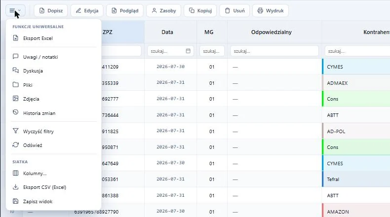 Studio WMS.net - rozwinięte menu paska narzędzi z grupami Funkcje uniwersalne i Siatka, zawierające eksport, uwagi, dyskusję, pliki, zdjęcia, historię zmian oraz obsługę kolumn