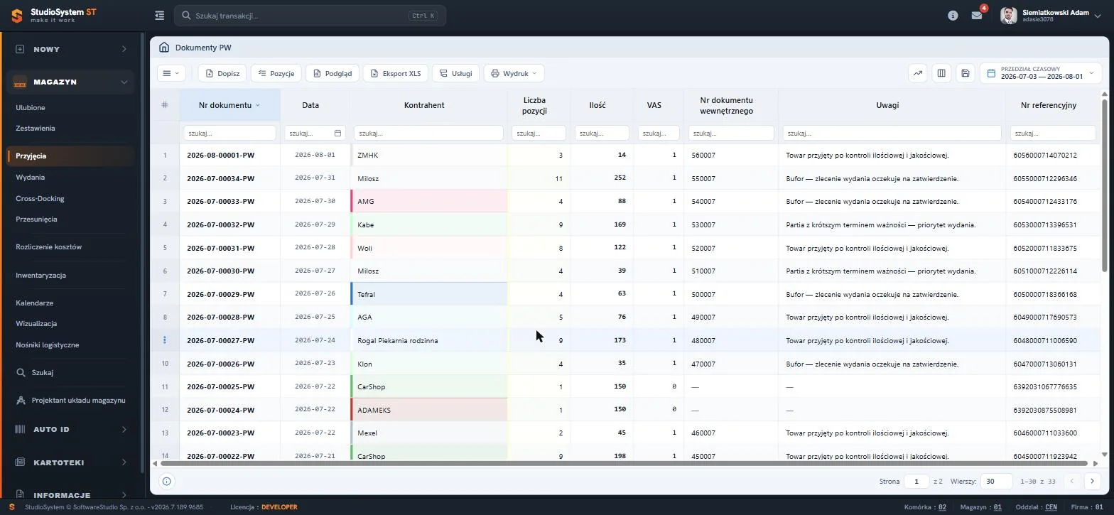 Studio WMS.net - rejestr Dokumenty PW z kolumnami numeru dokumentu, daty, kontrahenta, liczby pozycji, ilości, VAS, numeru dokumentu wewnętrznego i uwag