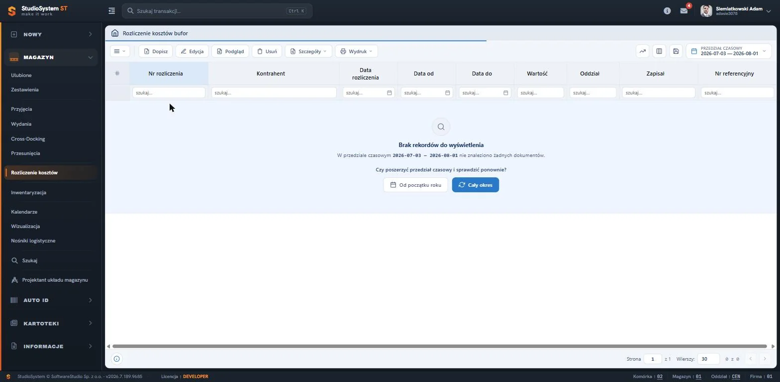 Studio WMS.net - rejestr Rozliczenie kosztów bufor z kolumnami numeru rozliczenia, kontrahenta, daty rozliczenia, okresu od-do, wartości i oddziału