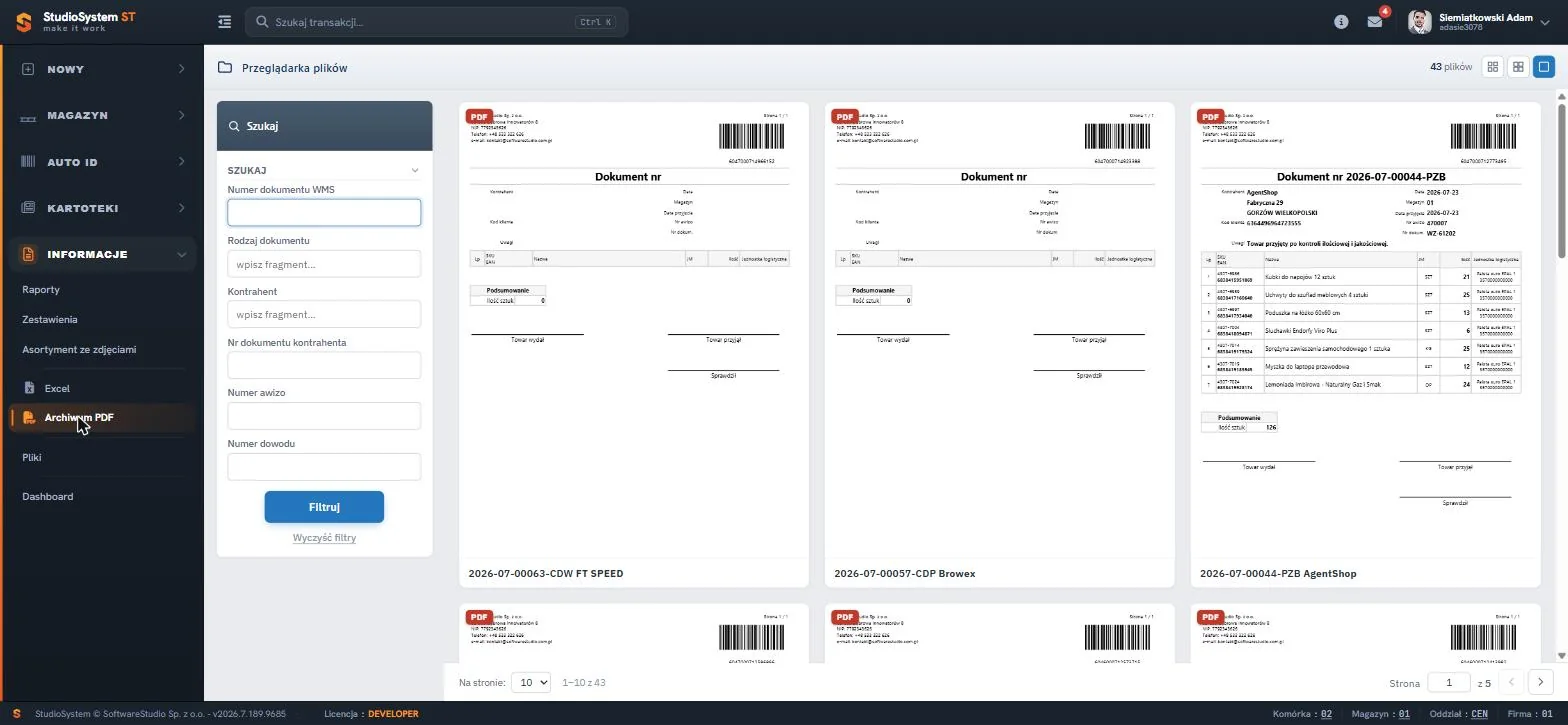Studio WMS.net sekcja INFORMACJE - archiwum PDF z podglądem wydruków dokumentów magazynowych i panelem filtrów