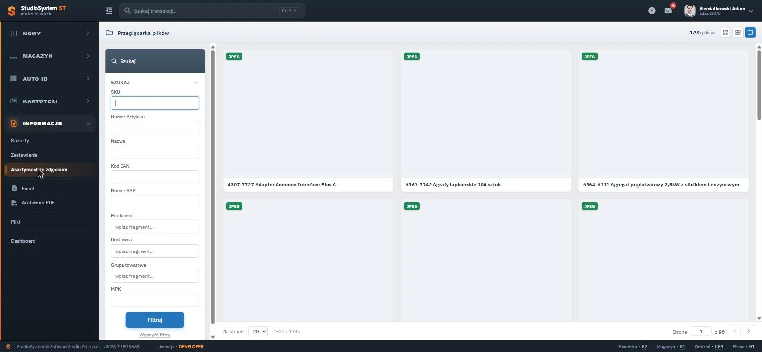 Studio WMS.net sekcja INFORMACJE - przeglądarka plików z galerią zdjęć asortymentu i panelem filtrów SKU, EAN, producent i grupa towarowa