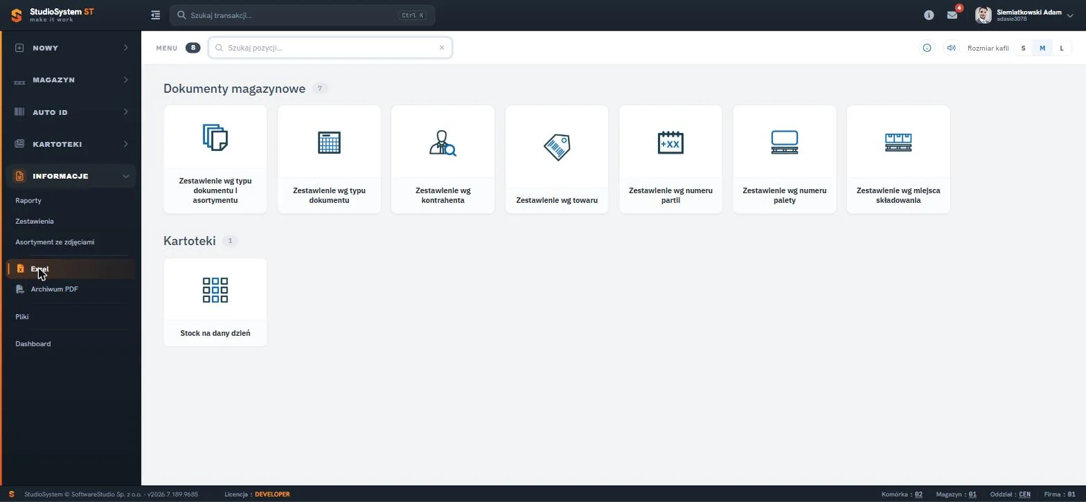 Studio WMS.net sekcja INFORMACJE - menu Excel z kaflami zestawień dokumentów magazynowych i kartotek gotowych do pobrania