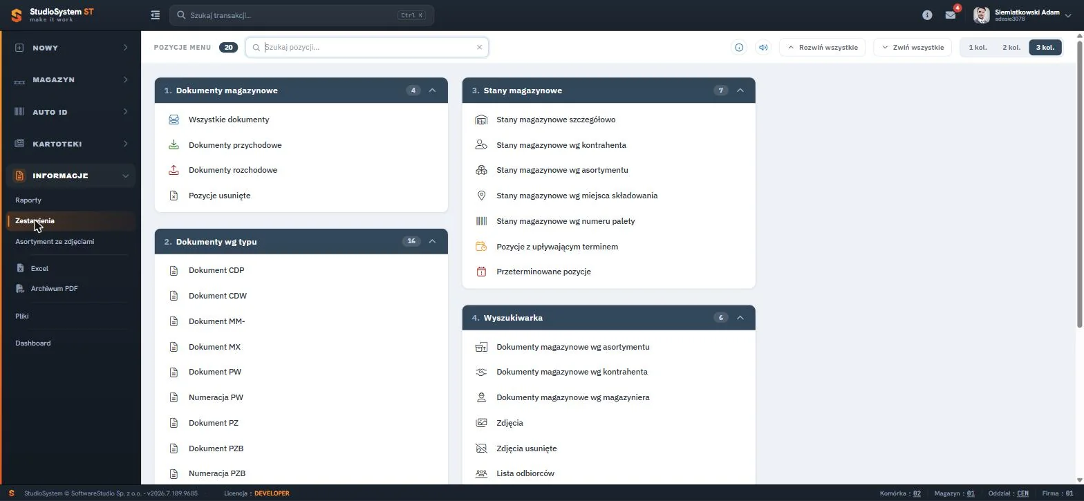 Studio WMS.net sekcja INFORMACJE - menu Zestawienia z blokami dokumentów magazynowych, dokumentów według typu, stanów magazynowych i wyszukiwarki