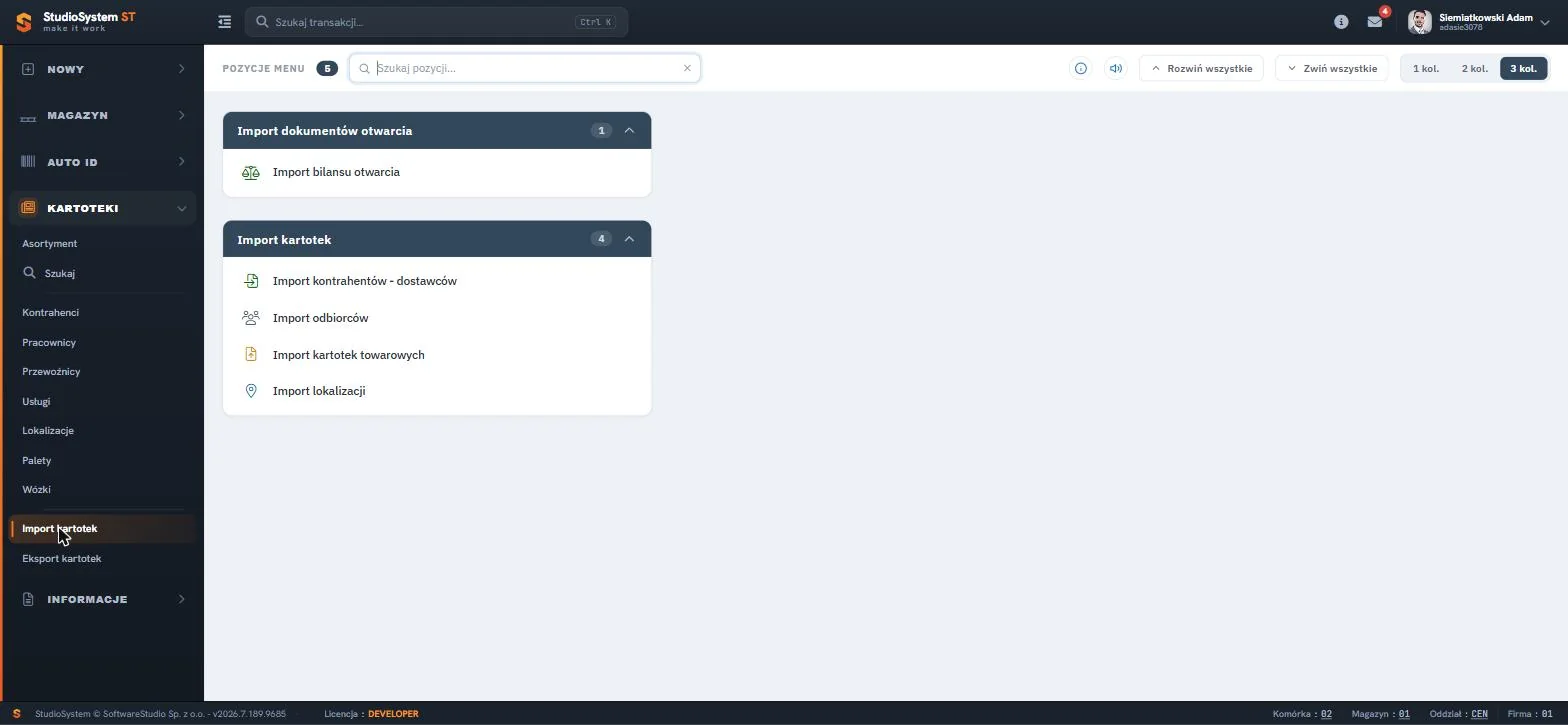 Studio WMS.net sekcja KARTOTEKI - menu Import kartotek z blokami importu bilansu otwarcia oraz importu kontrahentów, odbiorców, towarów i lokalizacji