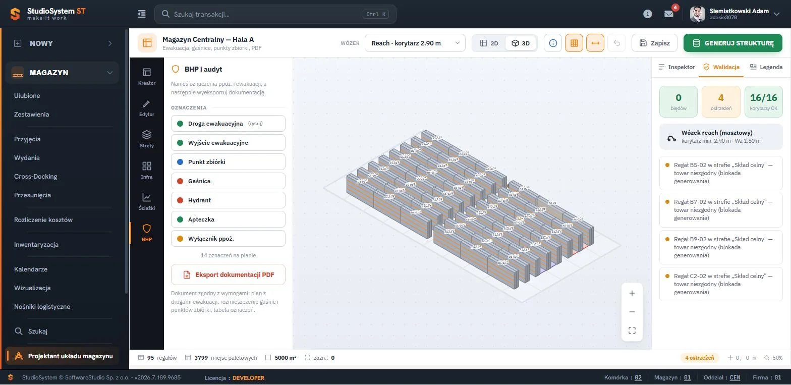 Studio WMS.net - Projektant układu magazynu, izometryczny widok 3D wygenerowanego układu regałów z adresami miejsc