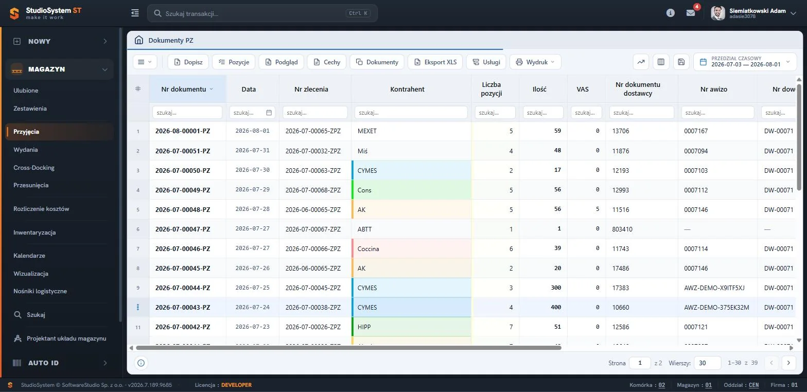 Studio WMS.net - rejestr dokumentów PZ z kolumnami numer dokumentu, data, numer zlecenia ZPZ, kontrahent, liczba pozycji, ilość, VAS i numer awizo