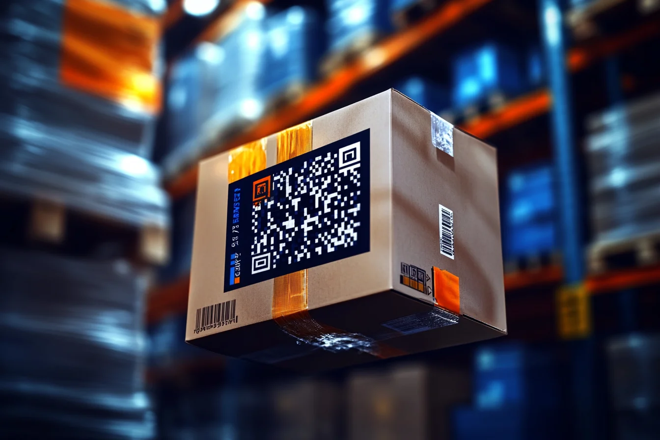 Paczka z kodem QR i kodem kreskowym na tle regałów magazynowych – identyfikacja towaru podczas przyjęcia do magazynu w Studio WMS.net