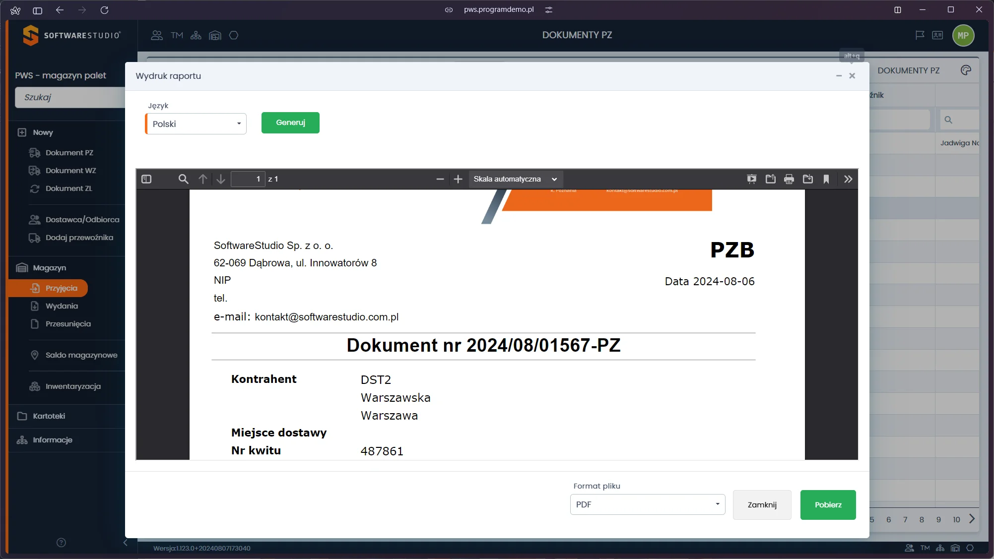 Wydruk dokumentu przyjęcia palet PWS