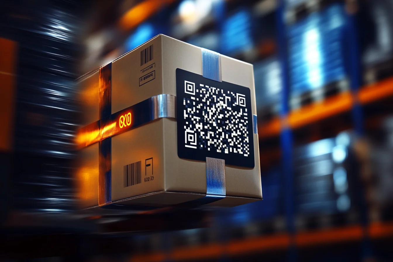 Paczka z kodem QR przemieszczająca się w nowoczesnym magazynie, obsługiwana przez system Studio WMS.net.