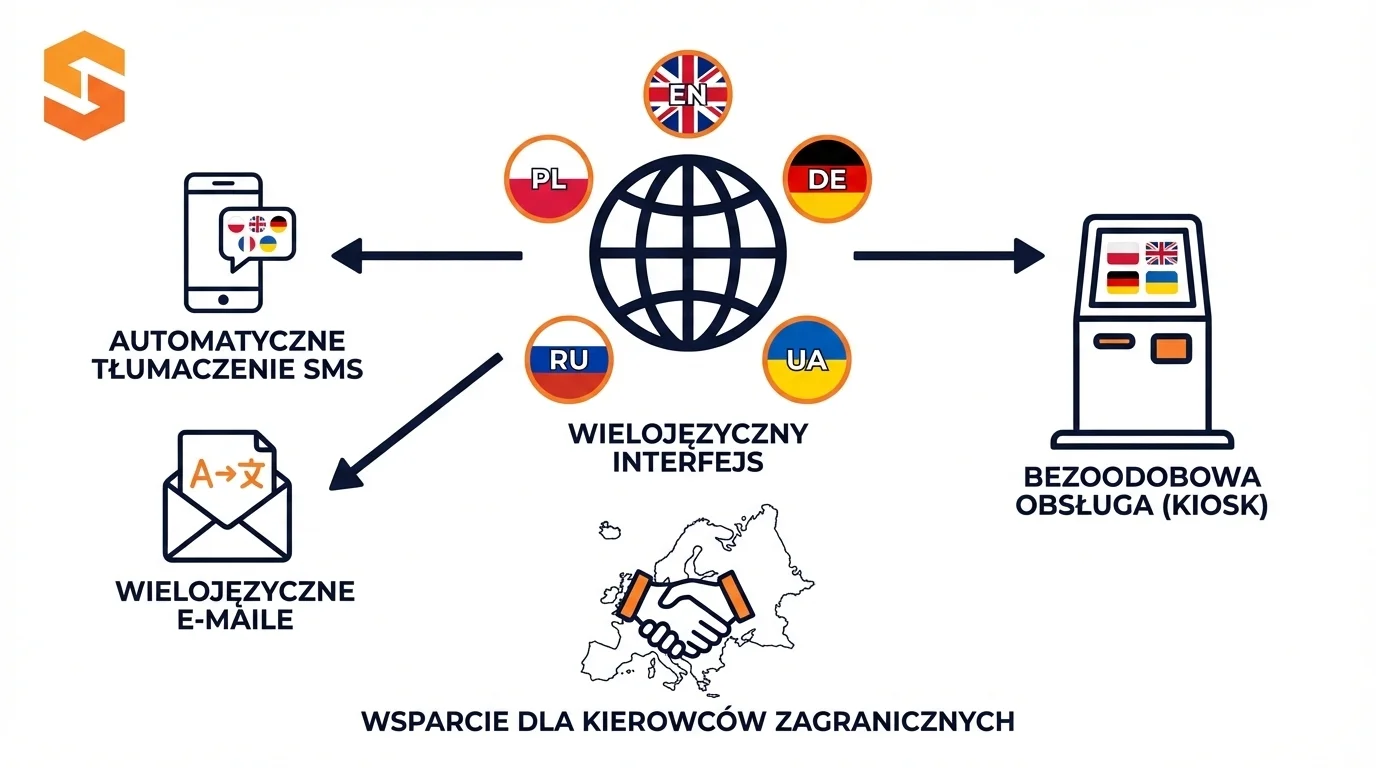 Infografika Studio VSS.net prezentująca wielojęzyczne wsparcie dla kierowców zagranicznych i automatyczne tłumaczenia.