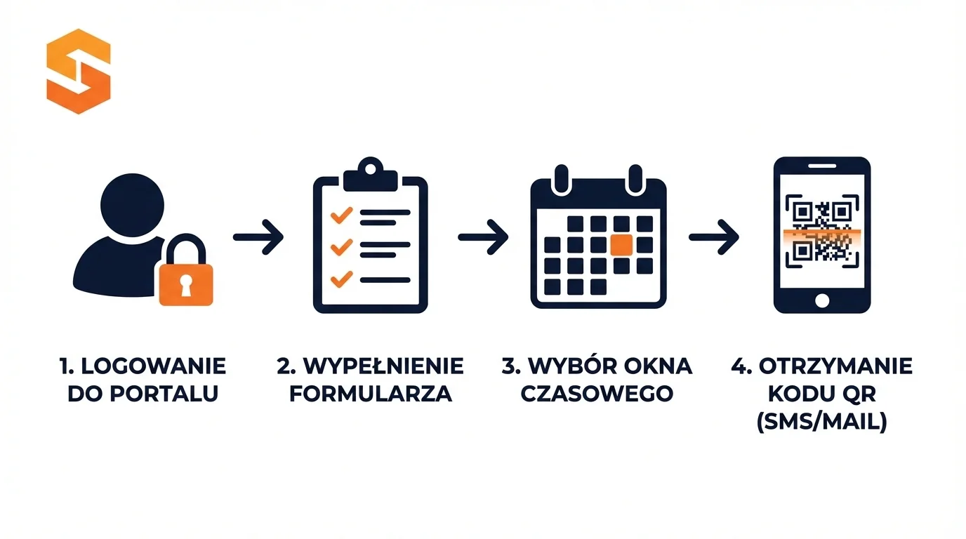 Infografika SoftwareStudio dotycząca rezerwacji okna czasowego i cyfrowej przepustki w systemie VSS.net.