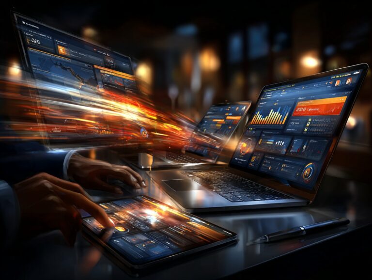 Dynamiczna grafika przedstawiająca ręce analityka korzystającego z nowoczesnego laptopa i tabletu z wyświetlonymi wykresami finansowymi oraz efektownymi rozbryzgami światła.
