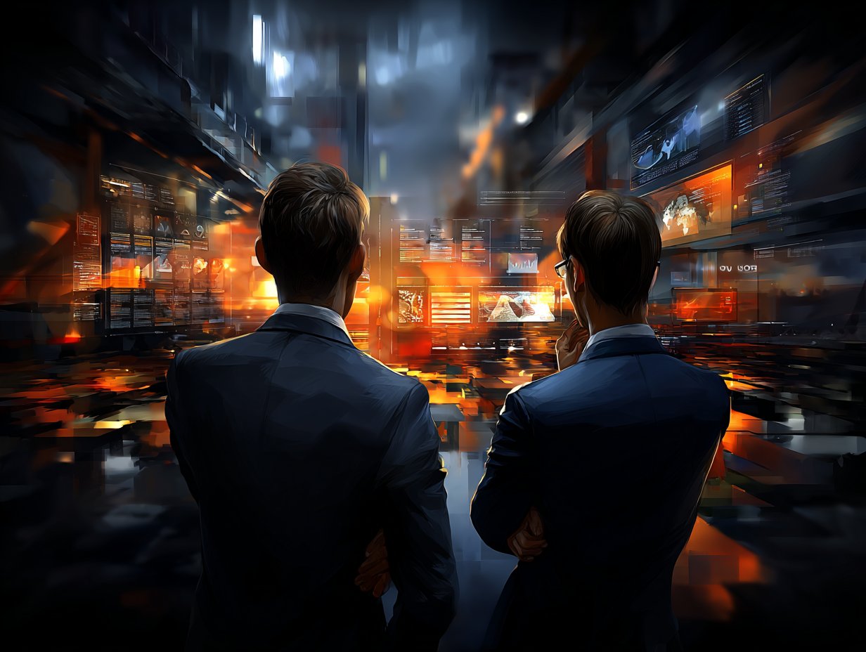 Dwaj analitycy w garniturach patrzą na cyfrowe ekrany wyświetlające wykresy i dane w nowoczesnym centrum operacyjnym.