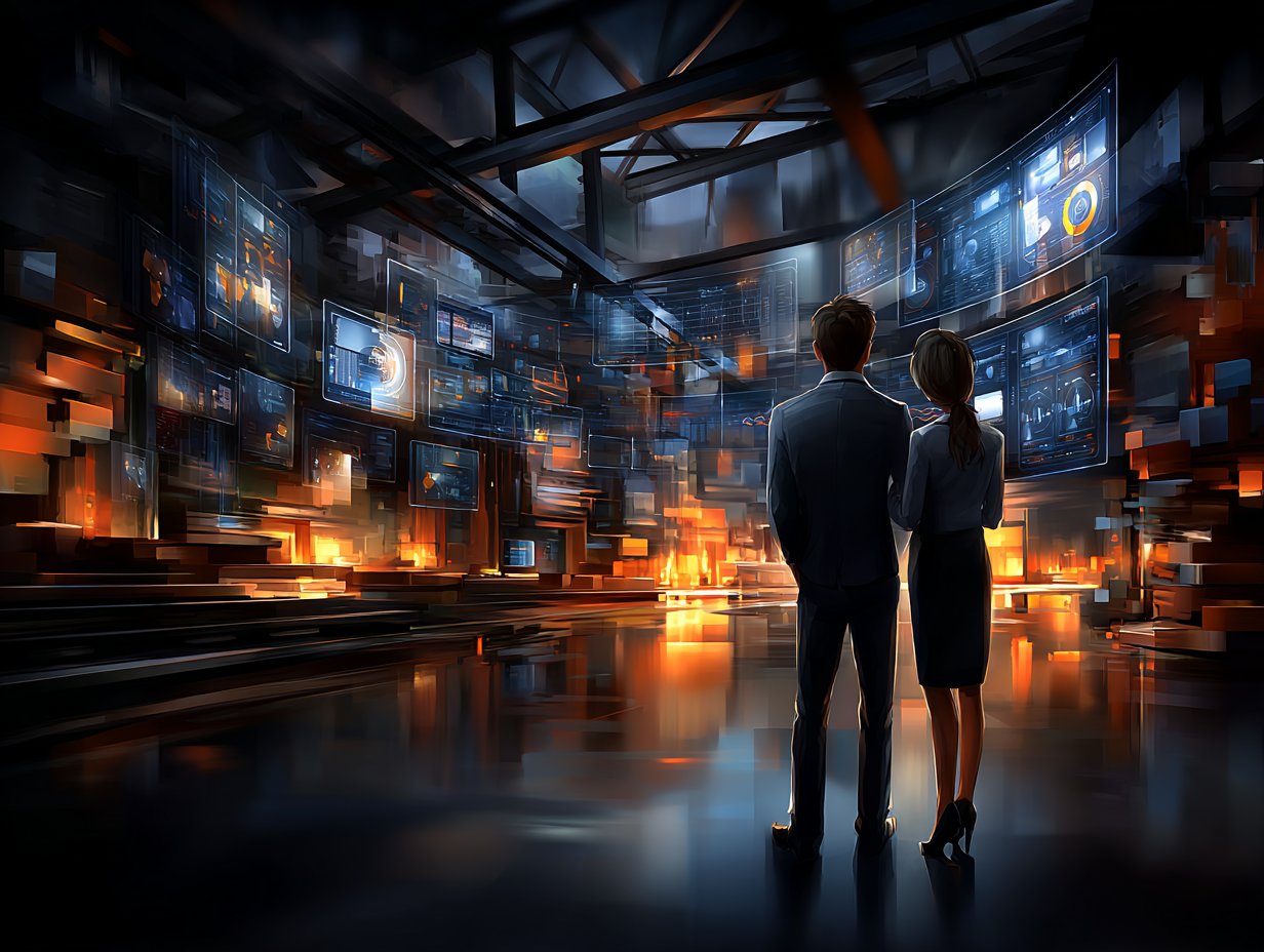 Cyfrowe moduły technologiczne połączone świetlistymi kanałami danych, reprezentujące zaawansowane usługi programistyczne dla sektora e-commerce.