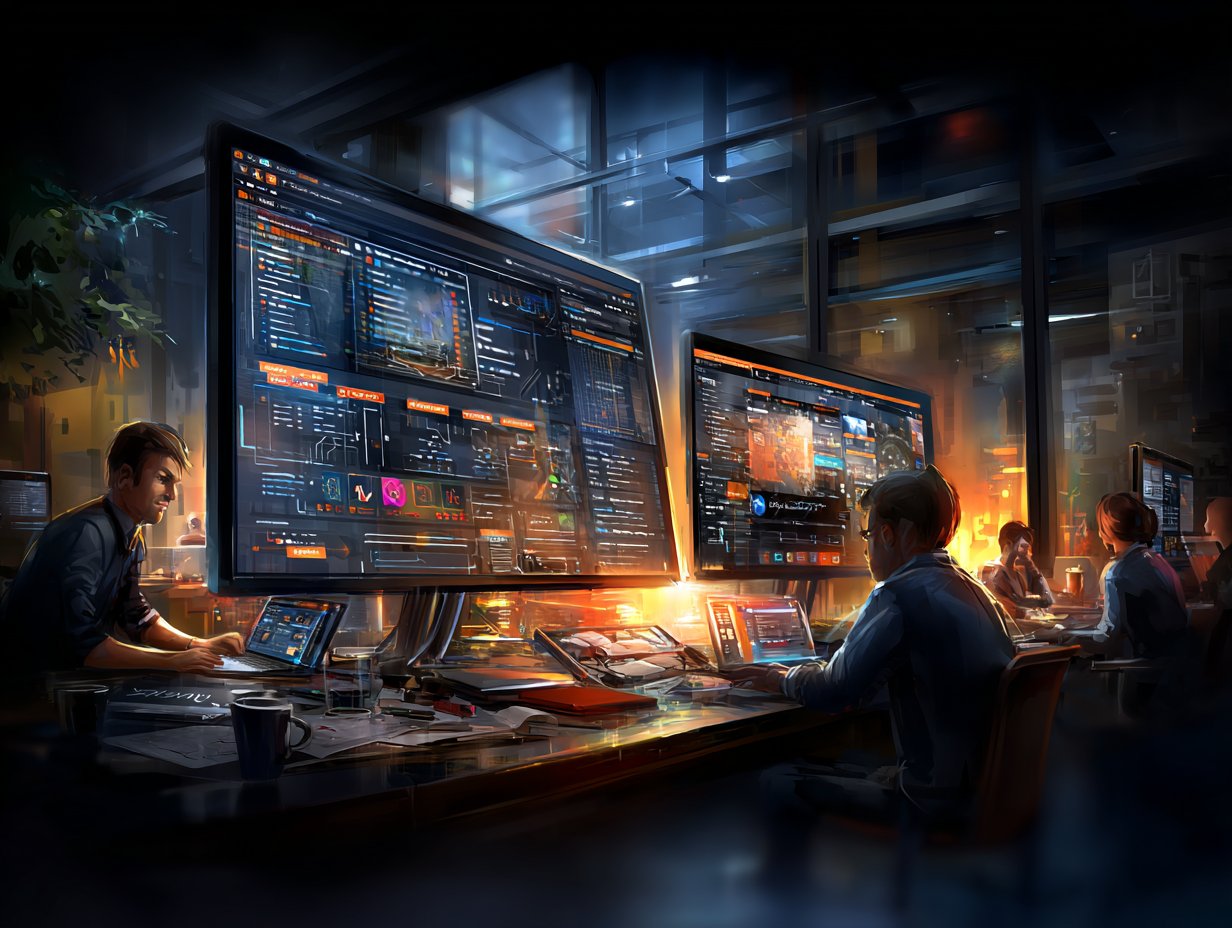 Programiści pracujący w nowoczesnym, ciemnym biurze przy dużych monitorach wyświetlających zaawansowany kod i interfejsy danych.