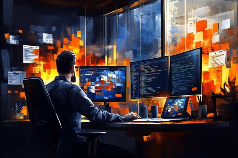 Programista pracujący przy biurku z trzema monitorami wyświetlającymi kod, przedstawiony w nowoczesnym, artystycznym stylu malarskim z ciepłym oświetleniem.