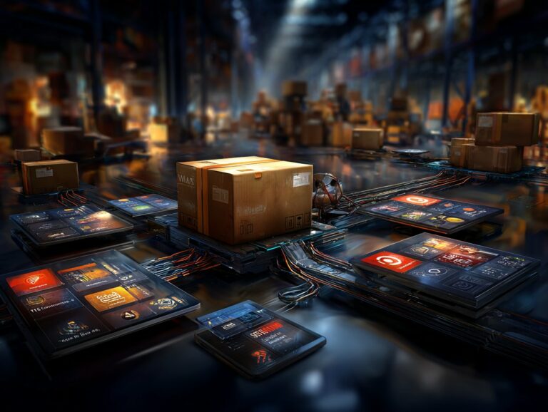 Nowoczesny proces logistyczny w inteligentnym magazynie z paczką kurierską umieszczoną na cyfrowej platformie sterującej z interaktywnymi ekranami.