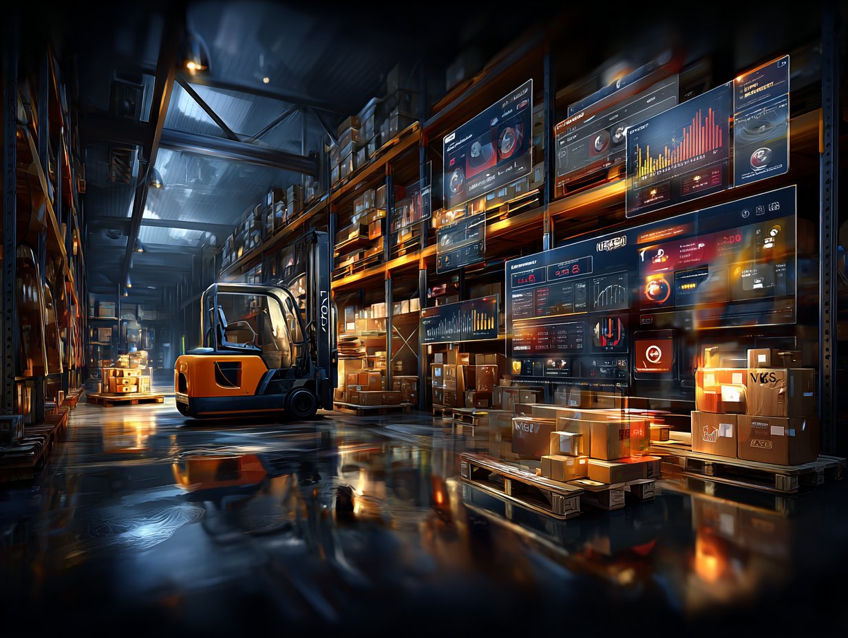 Nowoczesny, zautomatyzowany magazyn z wózkiem widłowym oraz cyfrowymi panelami wyświetlającymi dane analityczne i statystyki logistyczne w czasie rzeczywistym.