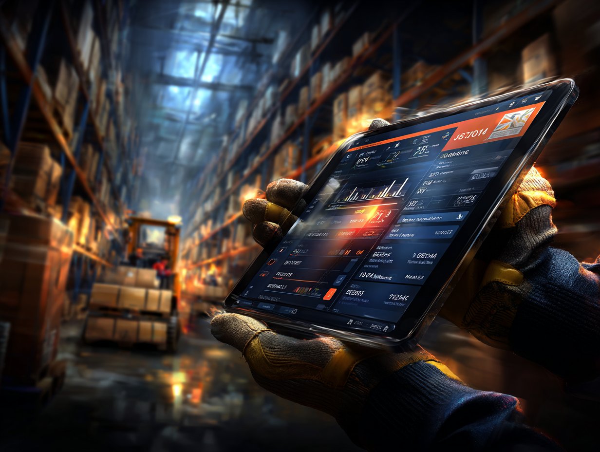 Pracownik w rękawicach ochronnych trzyma tablet z interfejsem do zarządzania logistyką na tle nowoczesnego, wysokiego składowania w magazynie z wózkiem widłowym.