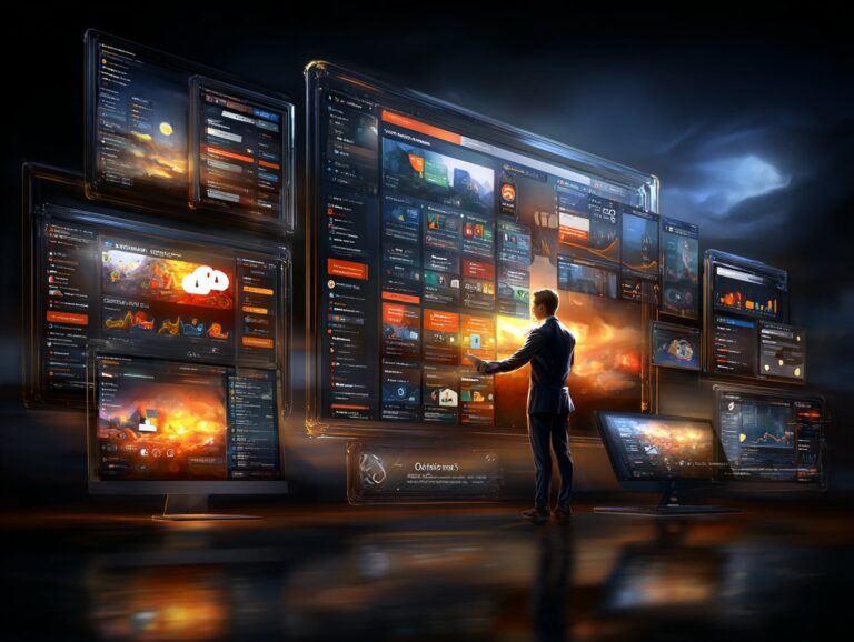 Nowoczesna wizualizacja architektury systemów IT i przepływu danych, reprezentująca kompleksowe rozwiązania programistyczne oferowane przez software house.