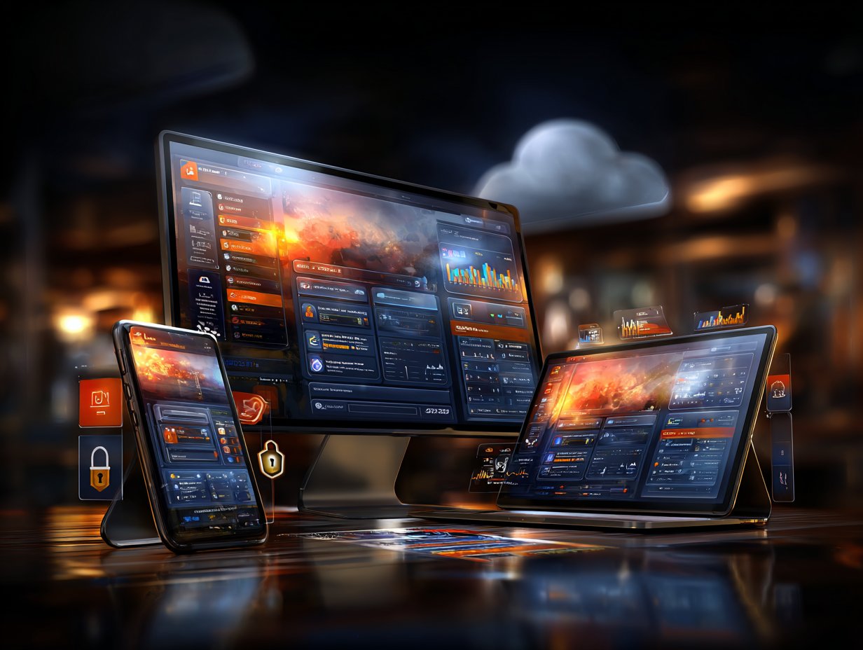 Cyfrowa sieć połączonych komponentów technologicznych i baz danych symbolizująca dedykowane rozwiązania tworzone przez producenta oprogramowania na zamówienie.