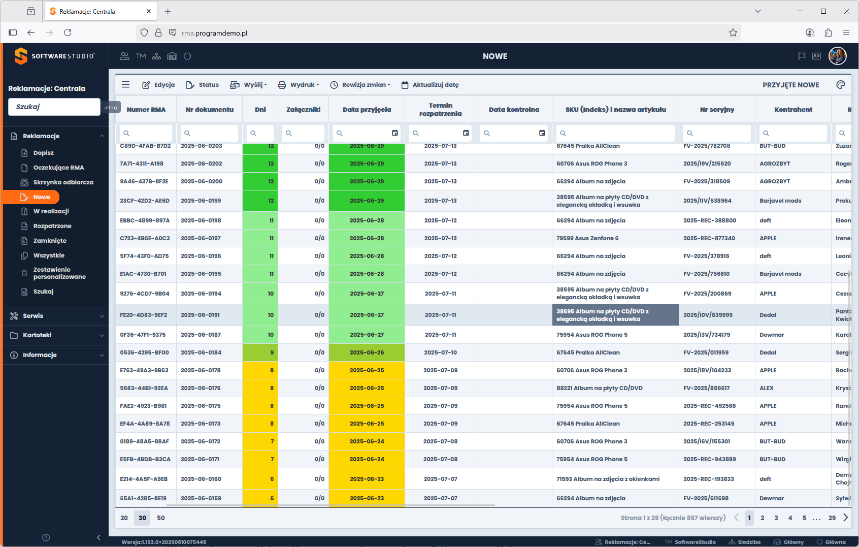 Panel administracyjny oprogramowania do obsługi reklamacji (RMA) umożliwiający monitorowanie statusów i terminów zgłoszeń. Zarządzanie reklamacjami v systemie Studio RMA.net