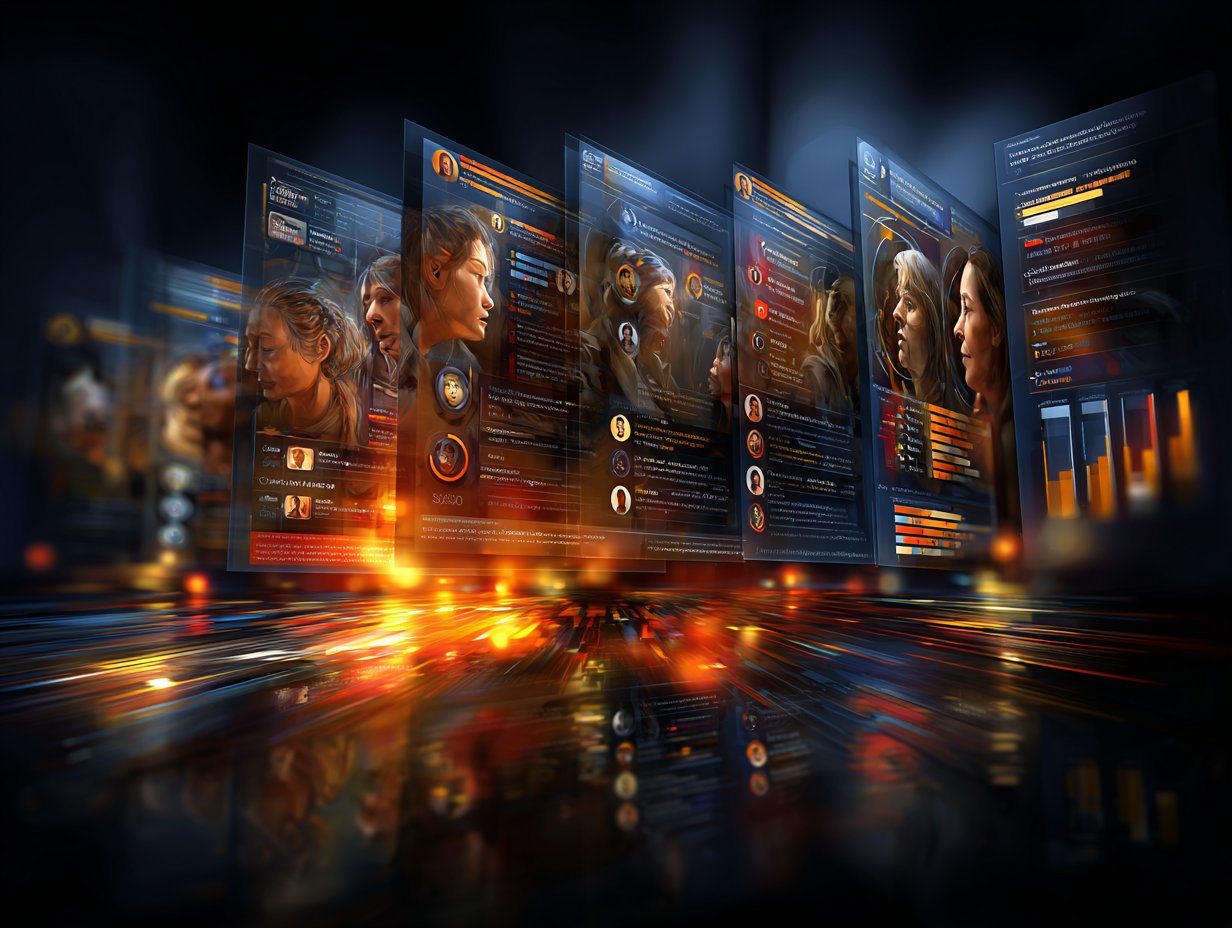Nowoczesny interfejs cyfrowy wyświetlający profile użytkowników i dane analityczne w formie półprzezroczystych, lewitujących paneli na ciemnym, futurystycznym tle.