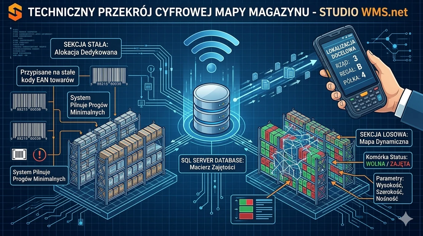Techniczny schemat cyfrowej mapy magazynu w systemie Studio WMS.net z bazą SQL i terminalem mobilnym.