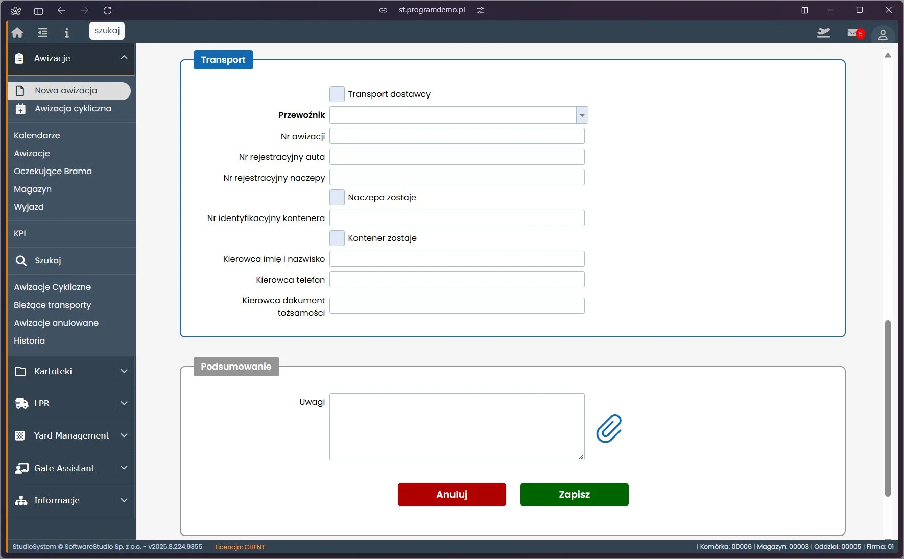 Ekran wprowadzania danych transportowych w module awizacji SoftwareStudio Formularz nowej awizacji w systemie Studio VSS.net z polami dotyczącymi transportu i danych kierowcy