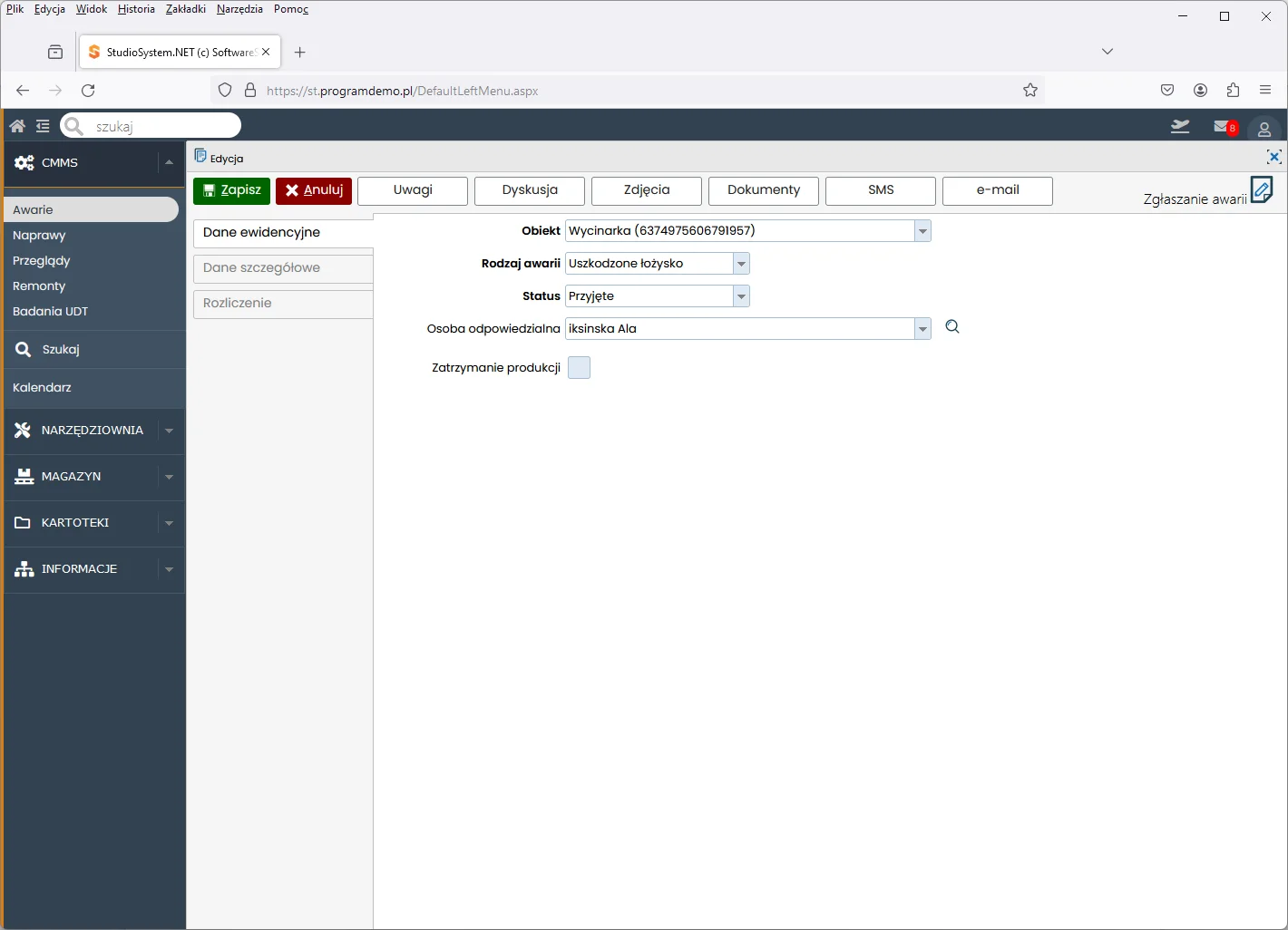 Studio TCS.net moduł CMMS awaria dane ewidencyjne
