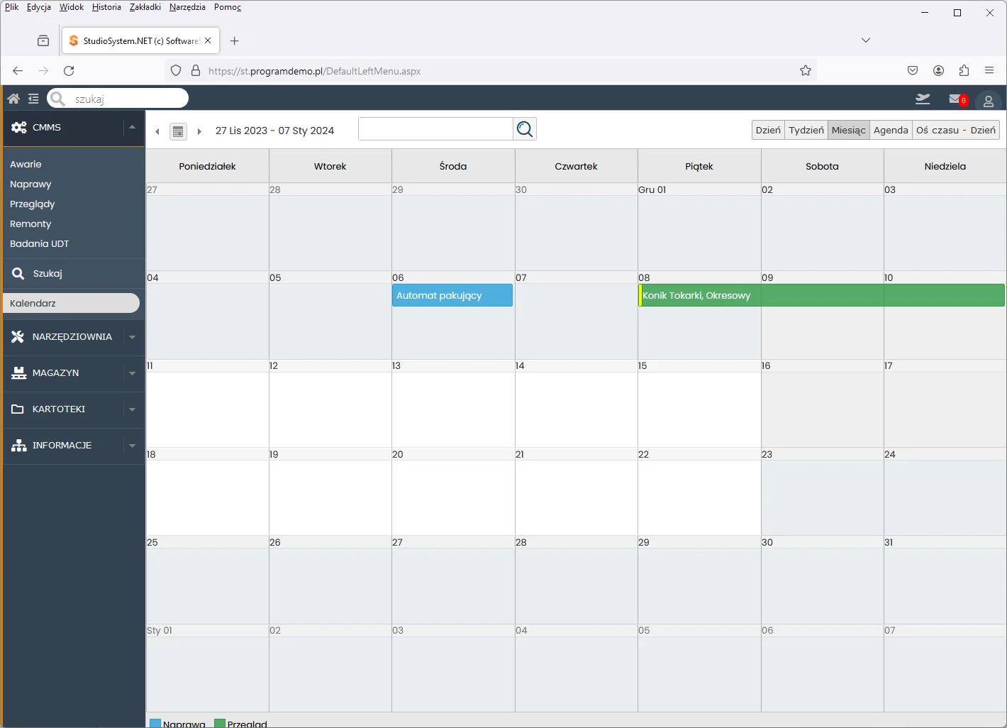 Studio TCS.net moduł CMMS kalendarz